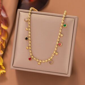 Gold Plated Beaded Necklace with Multicolor Gemstones